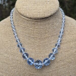 Vintage Deco Pale Light Baby Blue Czech Crystal Glass Clear Spacers Necklace